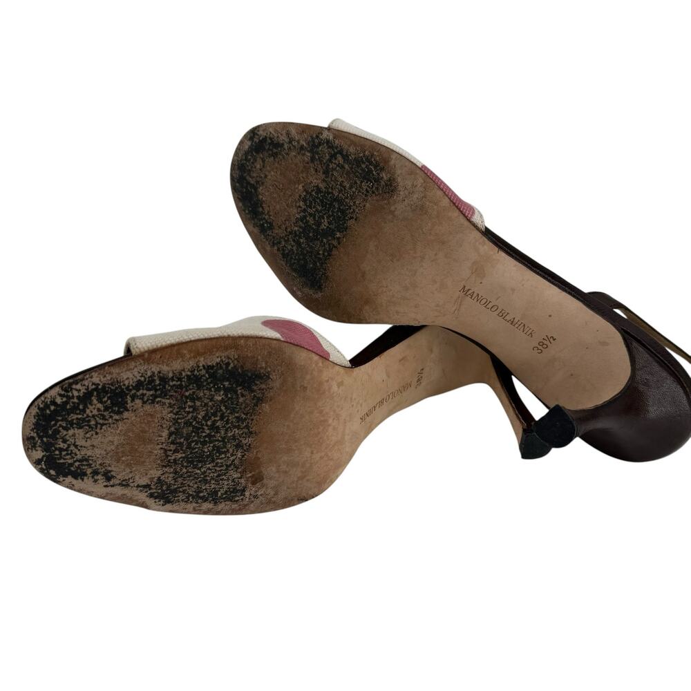 Vintage Manolo Blahnik Polka Dot Slingback Heels Canvas Brown Pink 38.5 Pinup - Picture 7 of 13